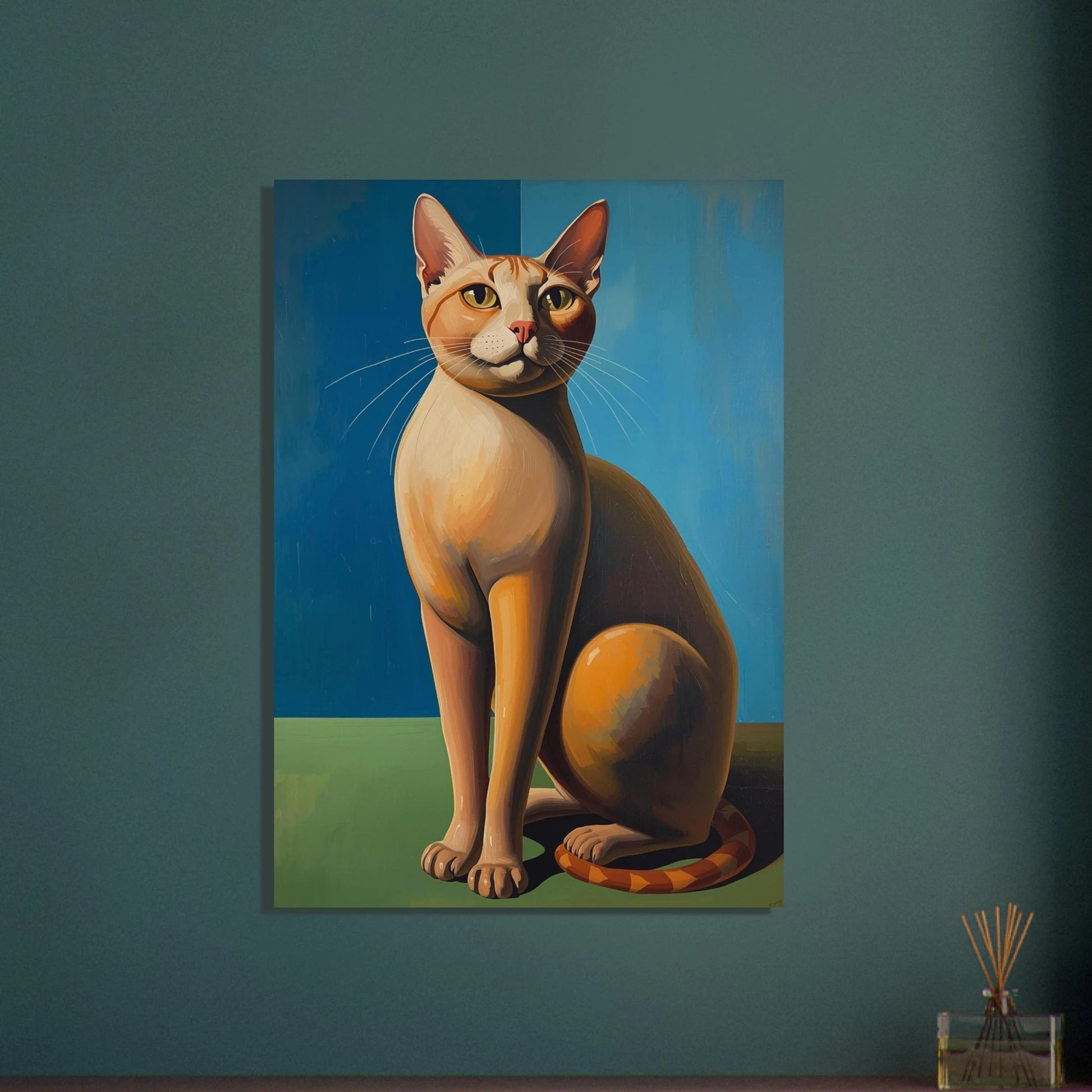 Stiliserad katt i modernistisk surrealistisk stil, intensiv blick