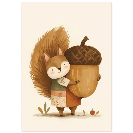 Tecknad ekorre som kramar ett stort ekollon – Tecknad poster