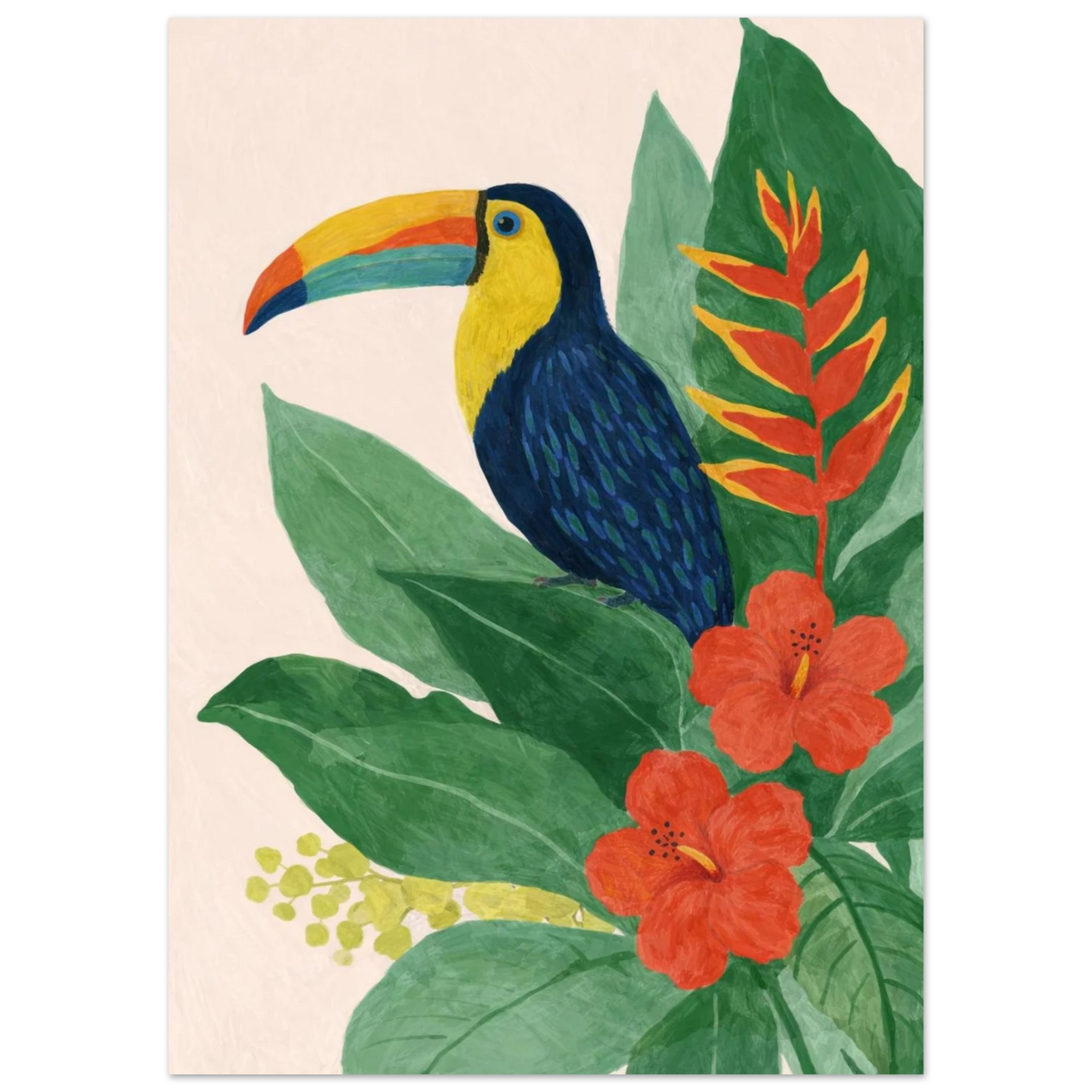 Exotisk fågel med gul näbb omgiven av djungelväxter – Målad poster