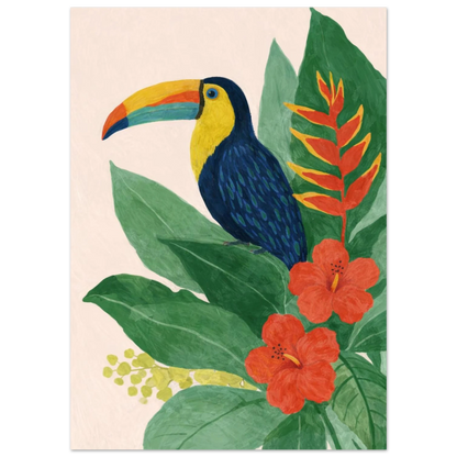 Exotisk fågel med gul näbb omgiven av djungelväxter – Målad poster
