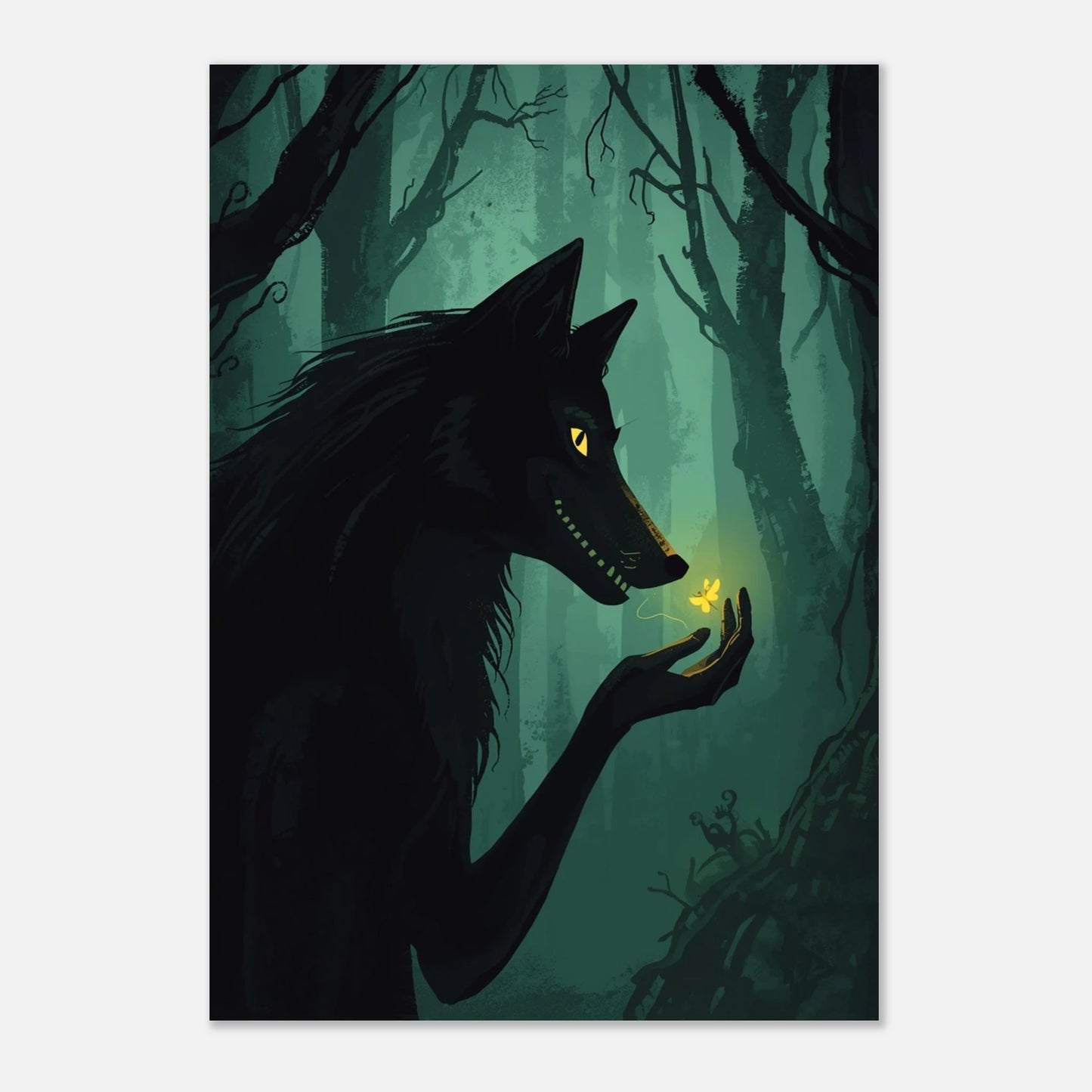 Sagoaktig vargposter med mörka silhuetter och grönaktig bakgrund för vägg