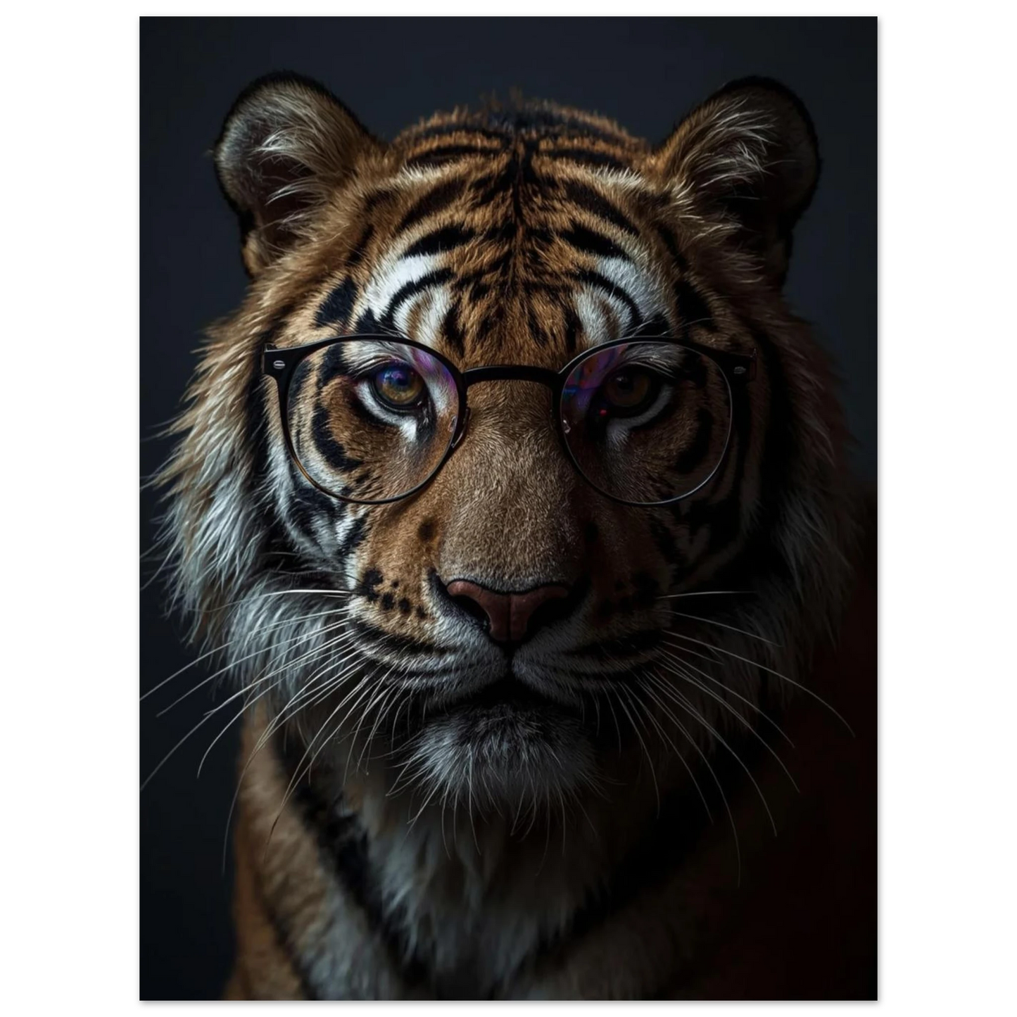 Tigerns uttrycksfulla ansikte med glasögon, synlig tecknad struktur – Fotorealistisk poster