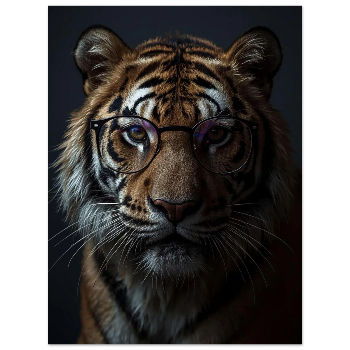 Tigerns uttrycksfulla ansikte med glasögon, synlig tecknad struktur – Fotorealistisk poster