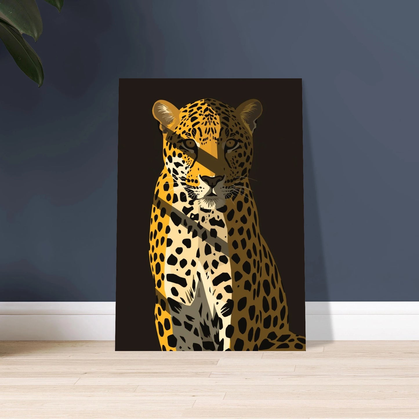 Stiliserad leopard med skarpa ljus- och skuggkontraster, modern konst.