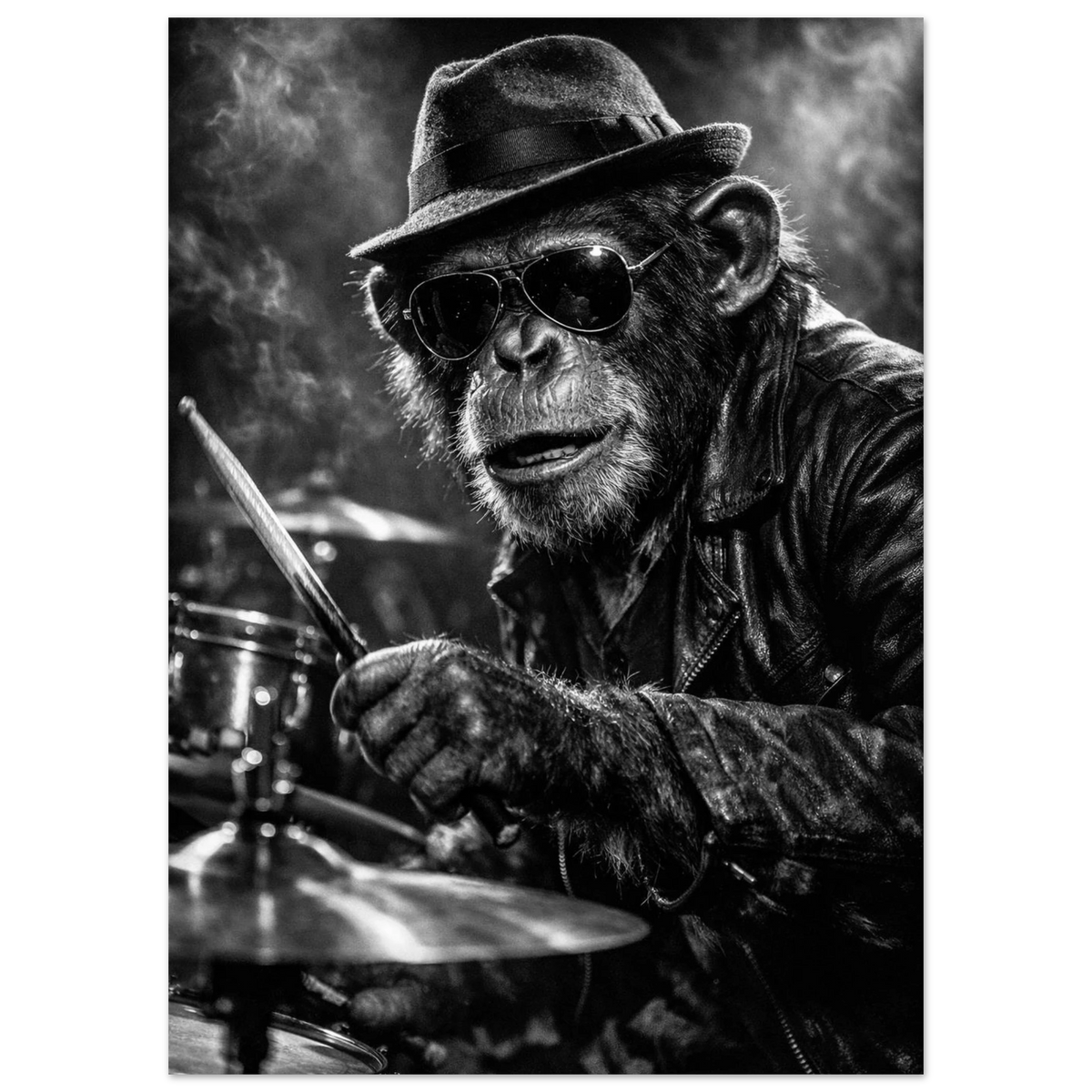 Närbild på apa med trumpinnar i en rökig jazzstudio – Fotorealistisk poster