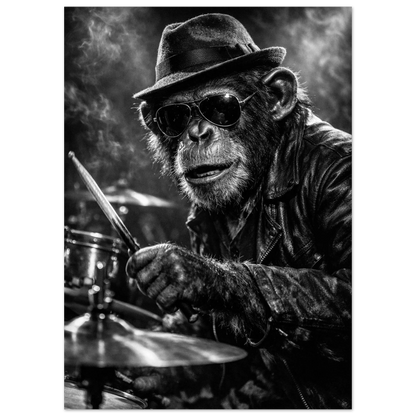 Närbild på apa med trumpinnar i en rökig jazzstudio – Fotorealistisk poster