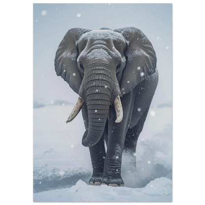 Närbild på elefant i snöfall med mörk bakgrund – fotorealistisk poster