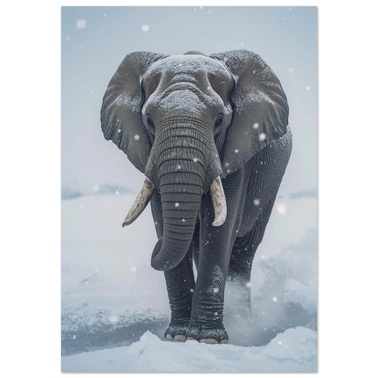 Närbild på elefant i snöfall med mörk bakgrund – fotorealistisk poster