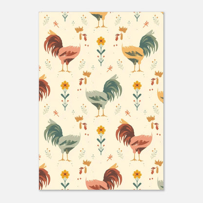 Dekorativ väggkonst med tuppar och blommor i mjukt illustrerad design