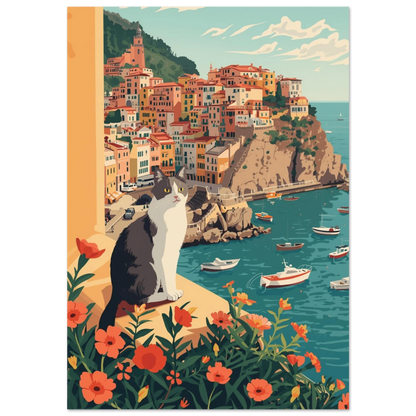Svartvit katt på balkong med utsikt över italiensk kuststad, retro illustration