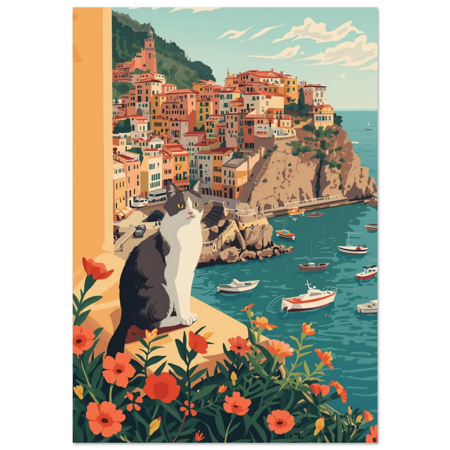 Svartvit katt på balkong med utsikt över italiensk kuststad, retro illustration