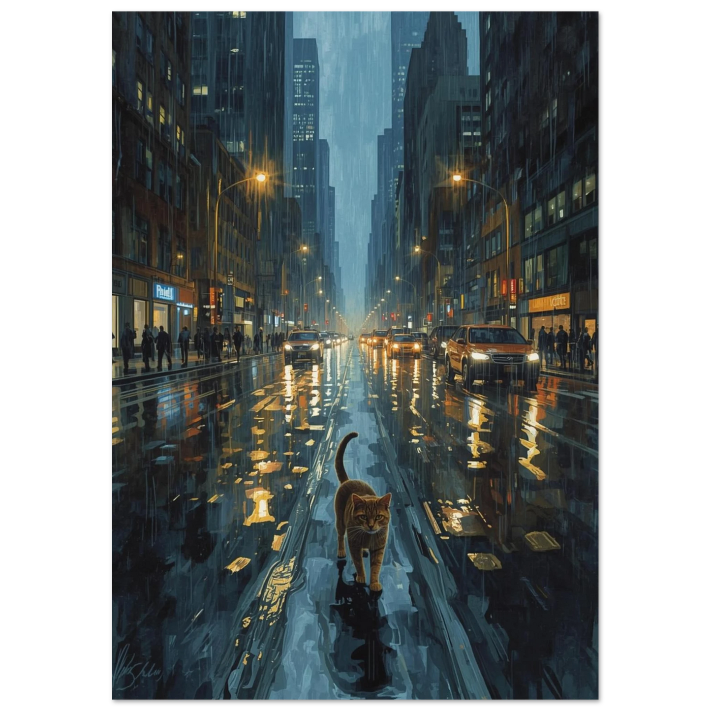 Digital konst av en katt som vandrar genom ett regnigt New York