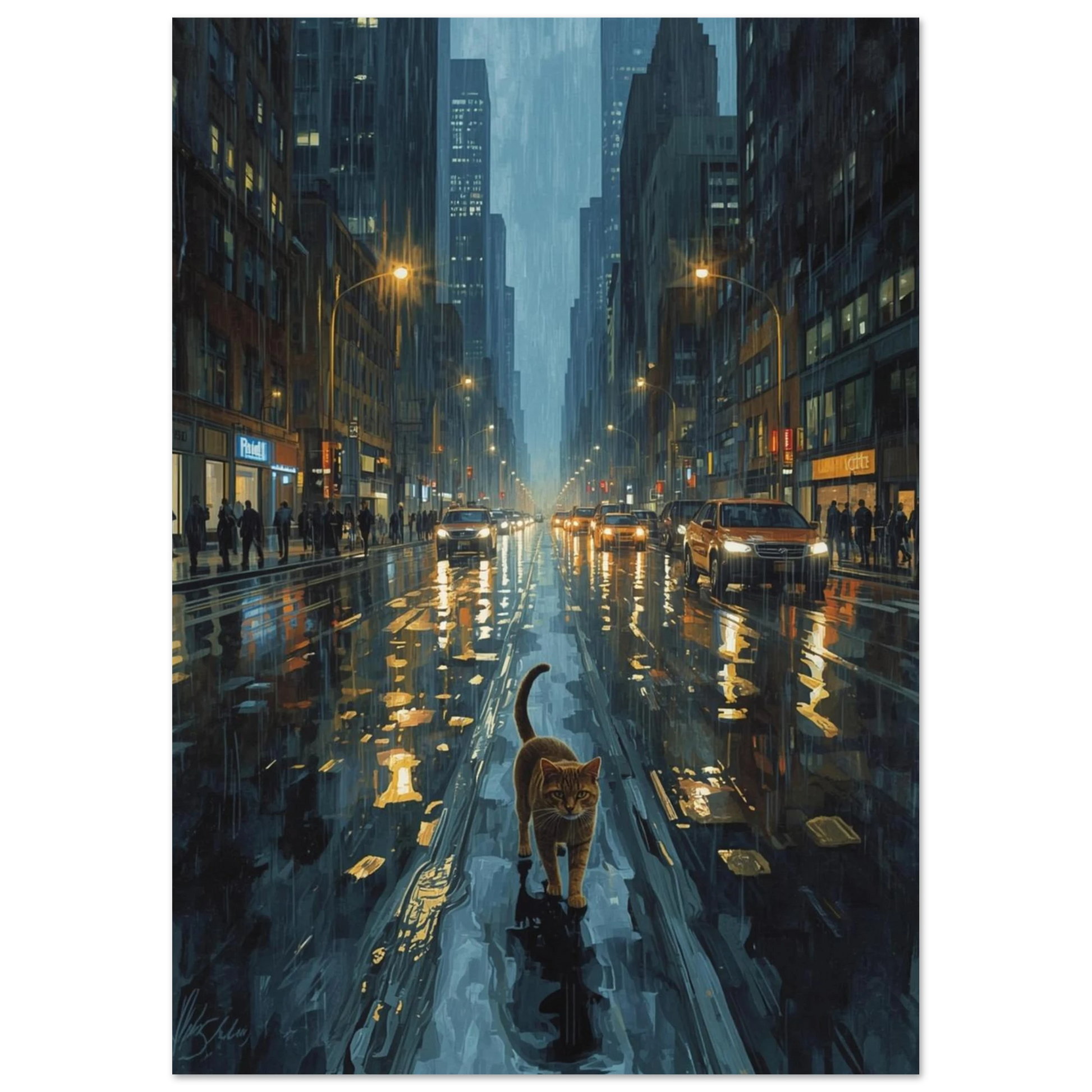 Digital konst av en katt som vandrar genom ett regnigt New York