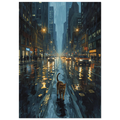 Digital konst av en katt som vandrar genom ett regnigt New York