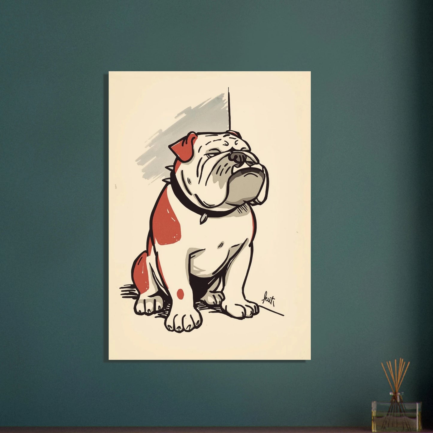 Stiliserad bulldogg i avslappnad pose, konstnärlig illustration