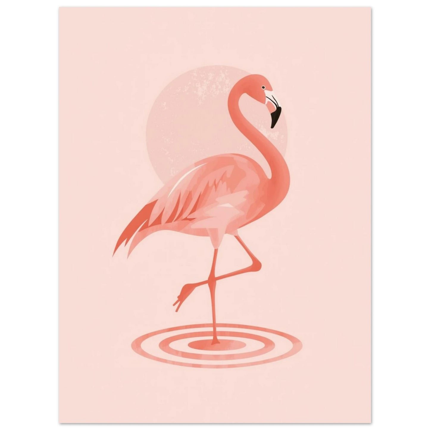 Minimalistisk poster med en rosa flamingo och en blek sol