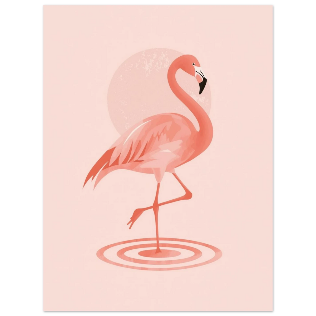Minimalistisk poster med en rosa flamingo och en blek sol