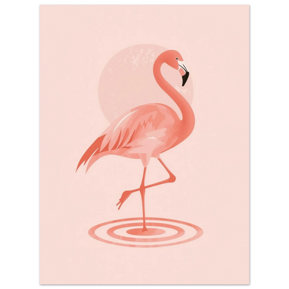 Minimalistisk poster med en rosa flamingo och en blek sol