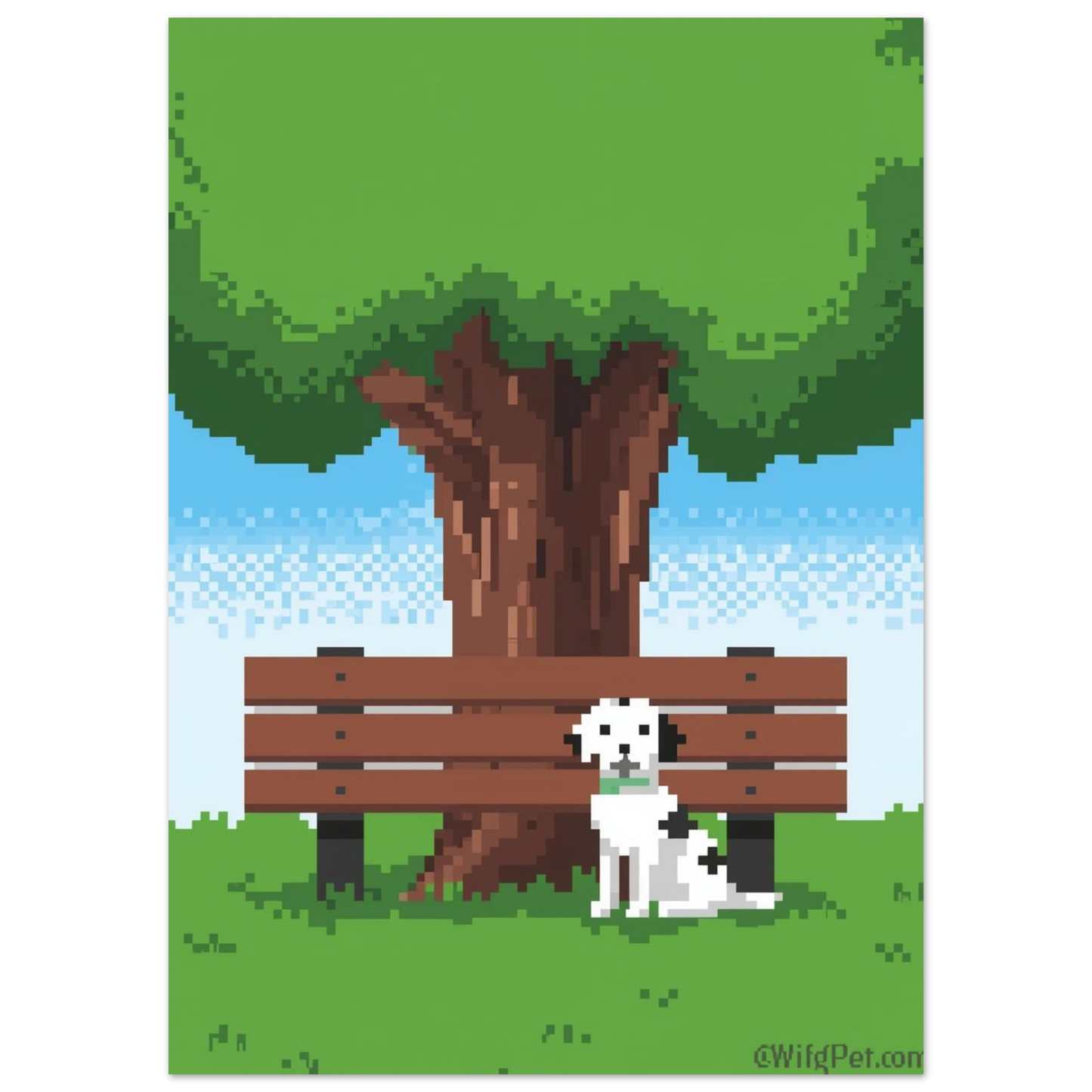Digital 8-bitars illustration med hundmotiv i en solig parkmiljö