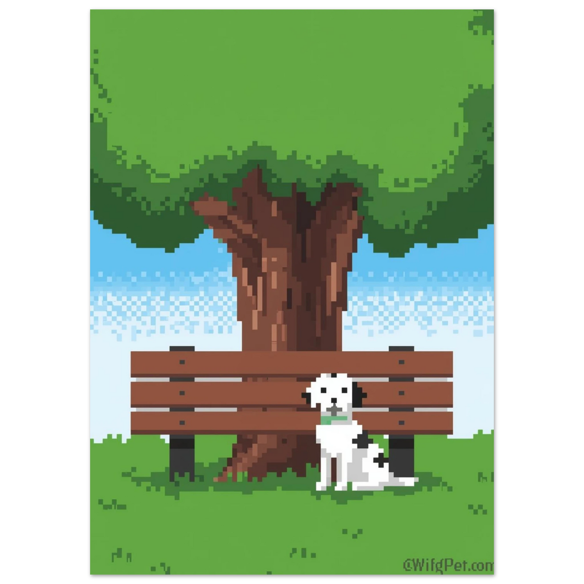 Digital 8-bitars illustration med hundmotiv i en solig parkmiljö