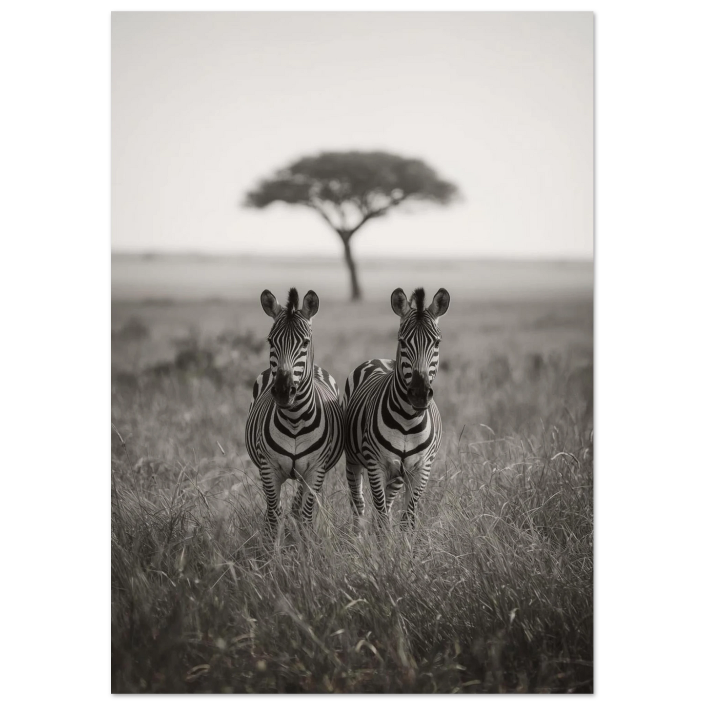 Fotografiskt print av zebror i naturlig miljö, afrikansk natur i gråskala