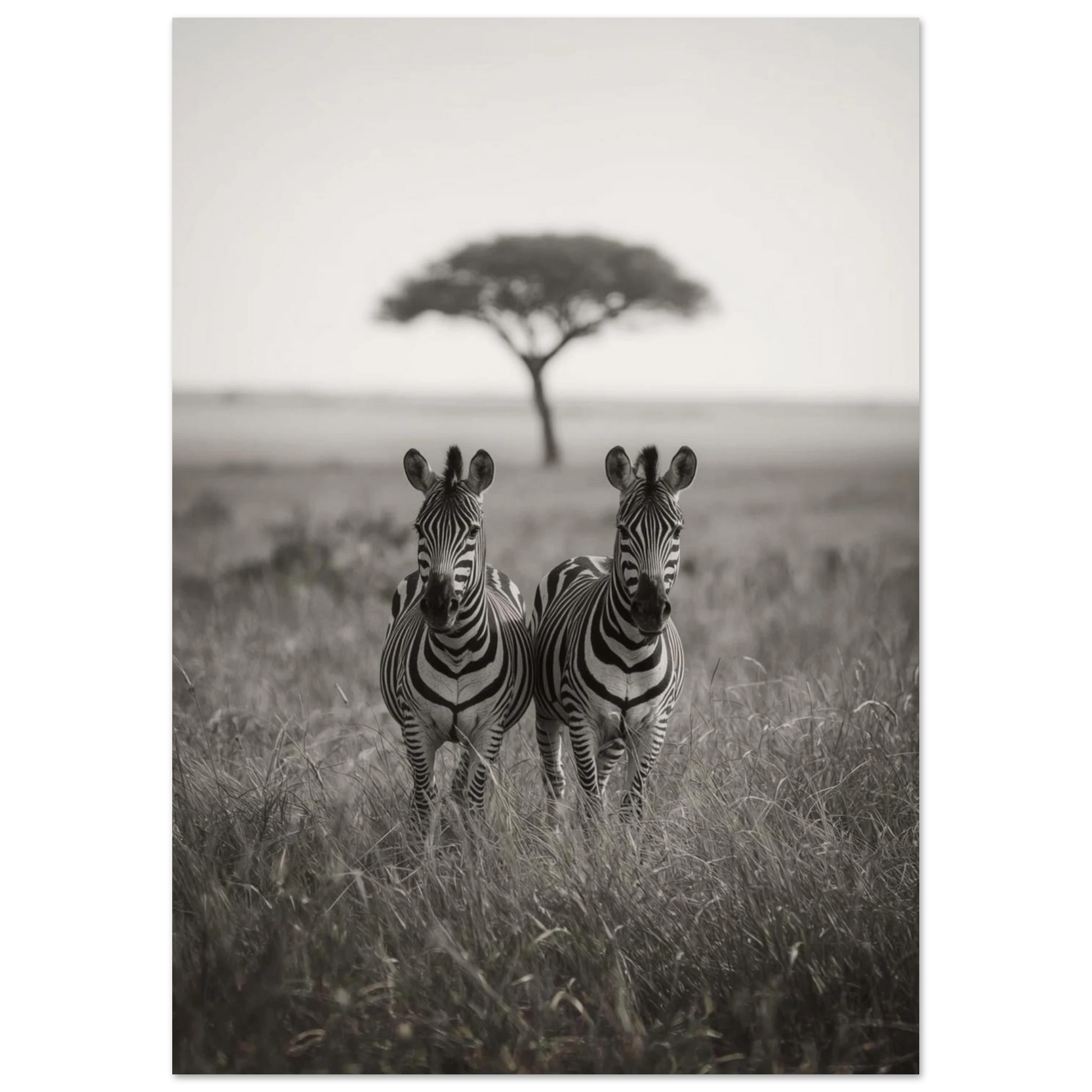 Fotografiskt print av zebror i naturlig miljö, afrikansk natur i gråskala