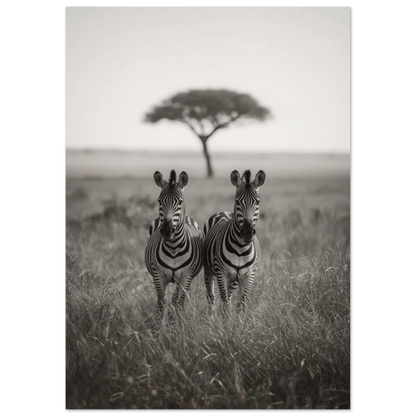 Fotografiskt print av zebror i naturlig miljö, afrikansk natur i gråskala