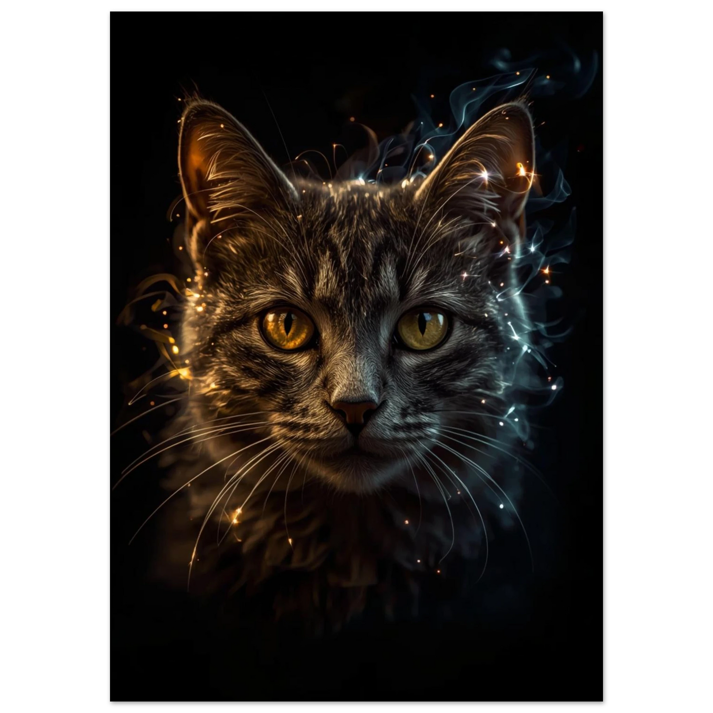 Kattmotiv i mörk studio med gnistor och magiskt ljus, digital konst