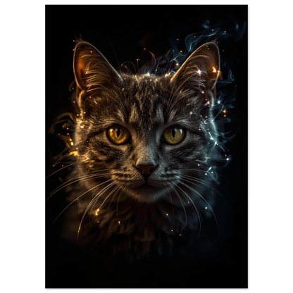 Kattmotiv i mörk studio med gnistor och magiskt ljus, digital konst