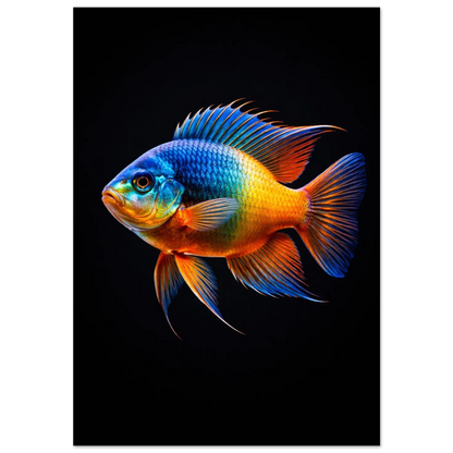 Färgstark tropisk fisk med blå ryggfena och orange buk – digital konst
