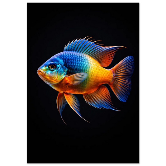 Färgstark tropisk fisk med blå ryggfena och orange buk – digital konst