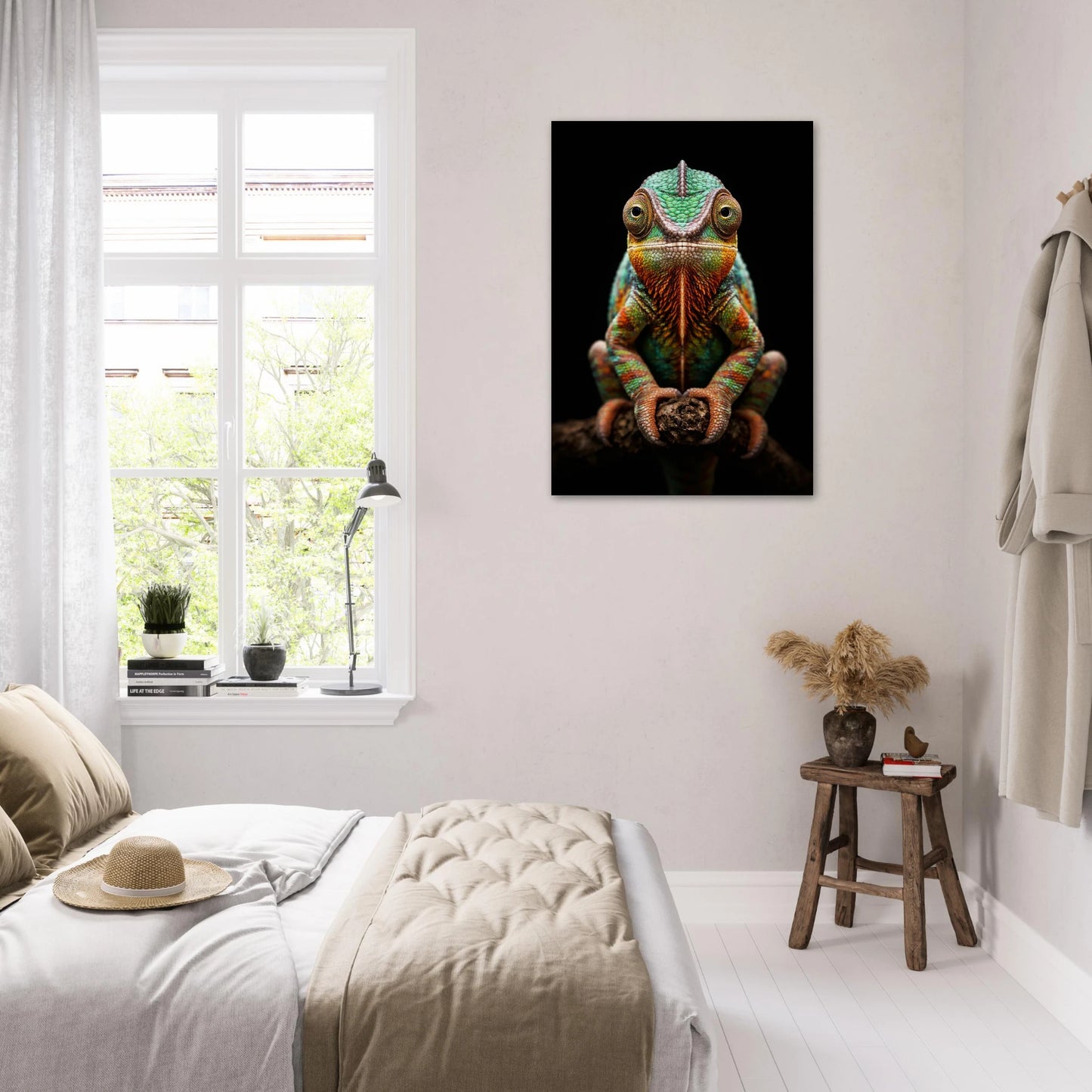 Färgglad kameleont poster hängande på en vit vägg i ett sovrum med säng och fönster – Fotorealistisk poster
