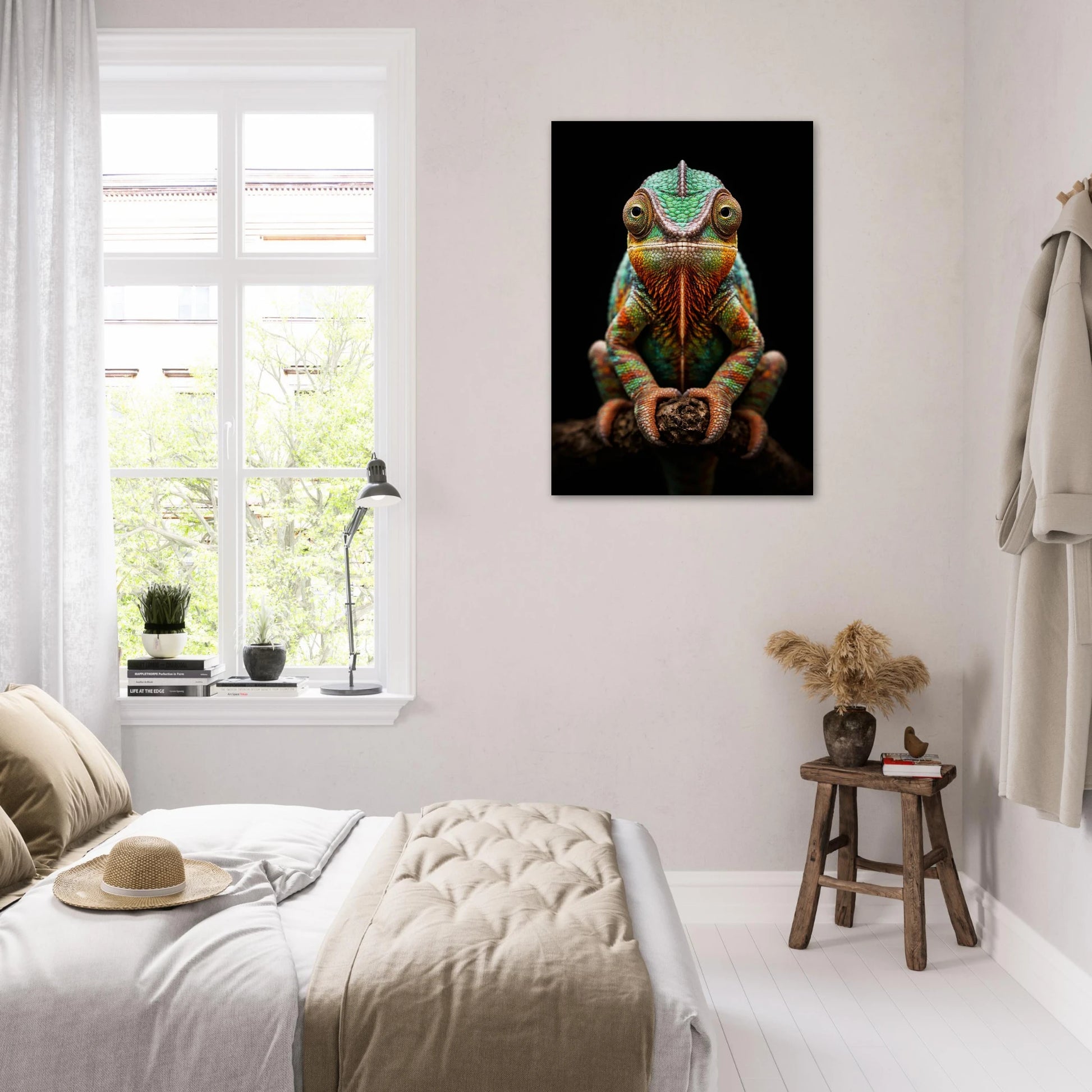 Färgglad kameleont poster hängande på en vit vägg i ett sovrum med säng och fönster – Fotorealistisk poster
