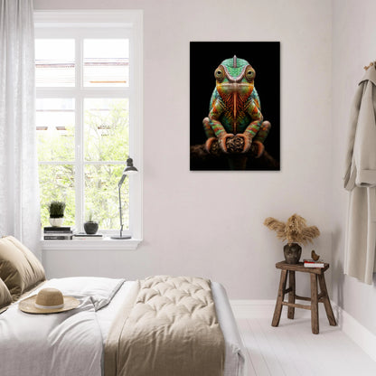 Färgglad kameleont poster hängande på en vit vägg i ett sovrum med säng och fönster – Fotorealistisk poster