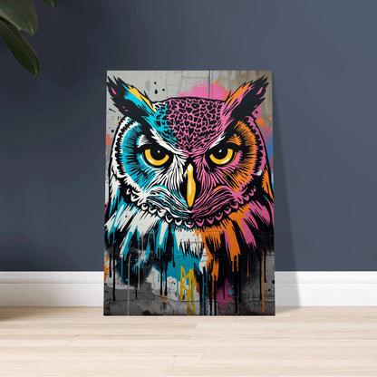 Stiliserad uggla i graffiti-popart med intensiva ögon