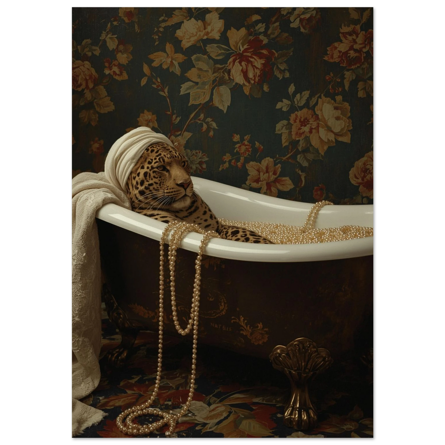Leopard i vintagebadkar med pärlhalsband och vit huvudbonad – surrealistisk djurposter