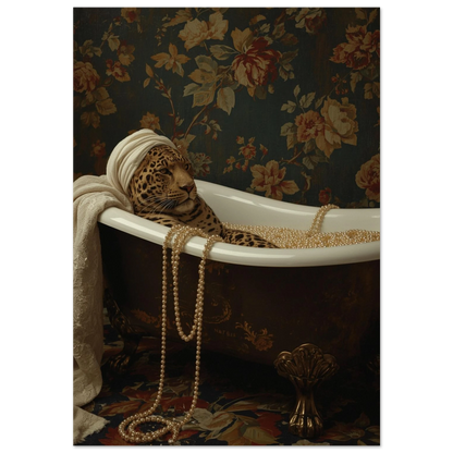 Leopard i vintagebadkar med pärlhalsband och vit huvudbonad – surrealistisk djurposter