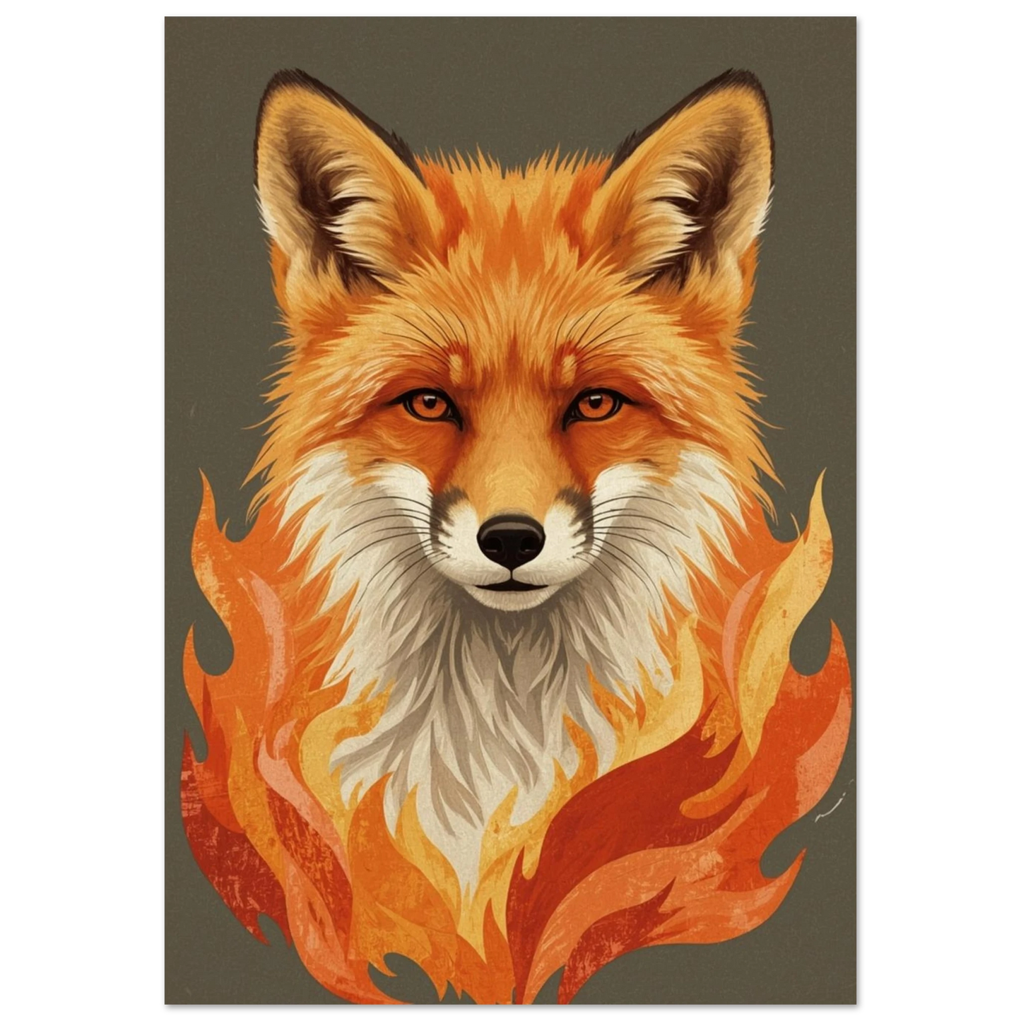 Grafisk illustration av en räv med flammande orange päls mot grå bakgrund