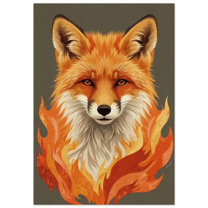 Grafisk illustration av en räv med flammande orange päls mot grå bakgrund