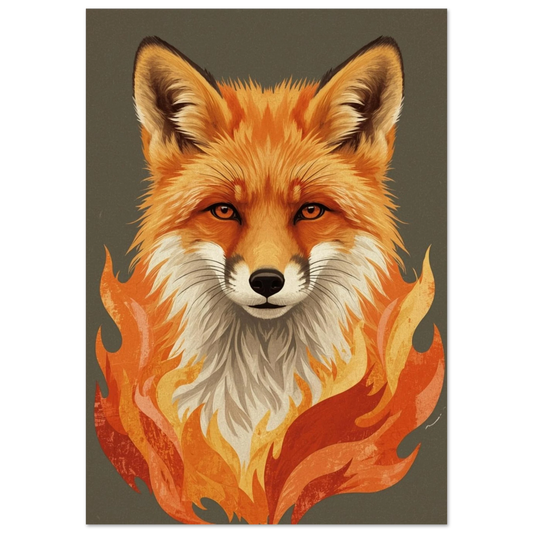 Grafisk illustration av en räv med flammande orange päls mot grå bakgrund