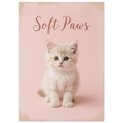Närbild på fluffig liten kattunge, rosa bakgrund med texten Soft Paws