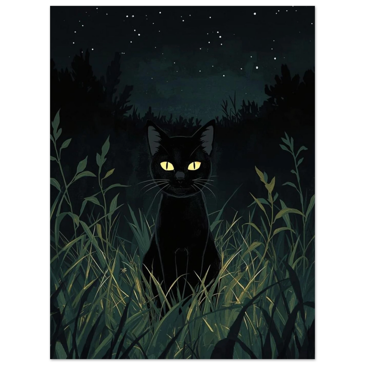 Konstnärligt print med svart katt och gnistrande stjärnor i skogen