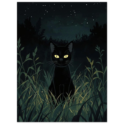 Konstnärligt print med svart katt och gnistrande stjärnor i skogen