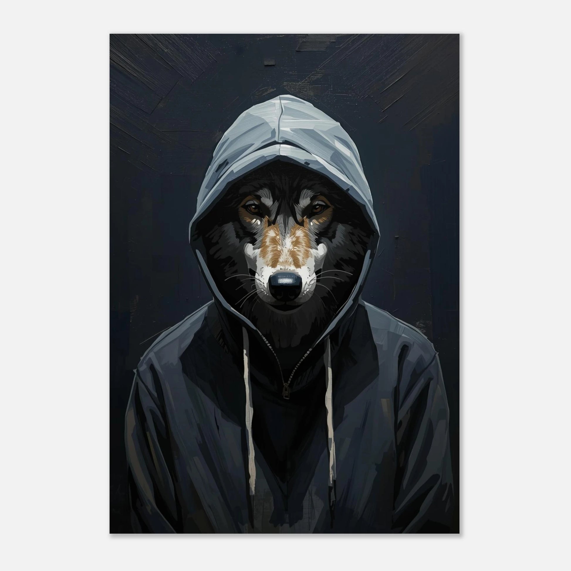 Varg klädd i grå hoodie med grova penseldrag – modern djurtavla