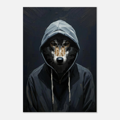 Varg klädd i grå hoodie med grova penseldrag – modern djurtavla