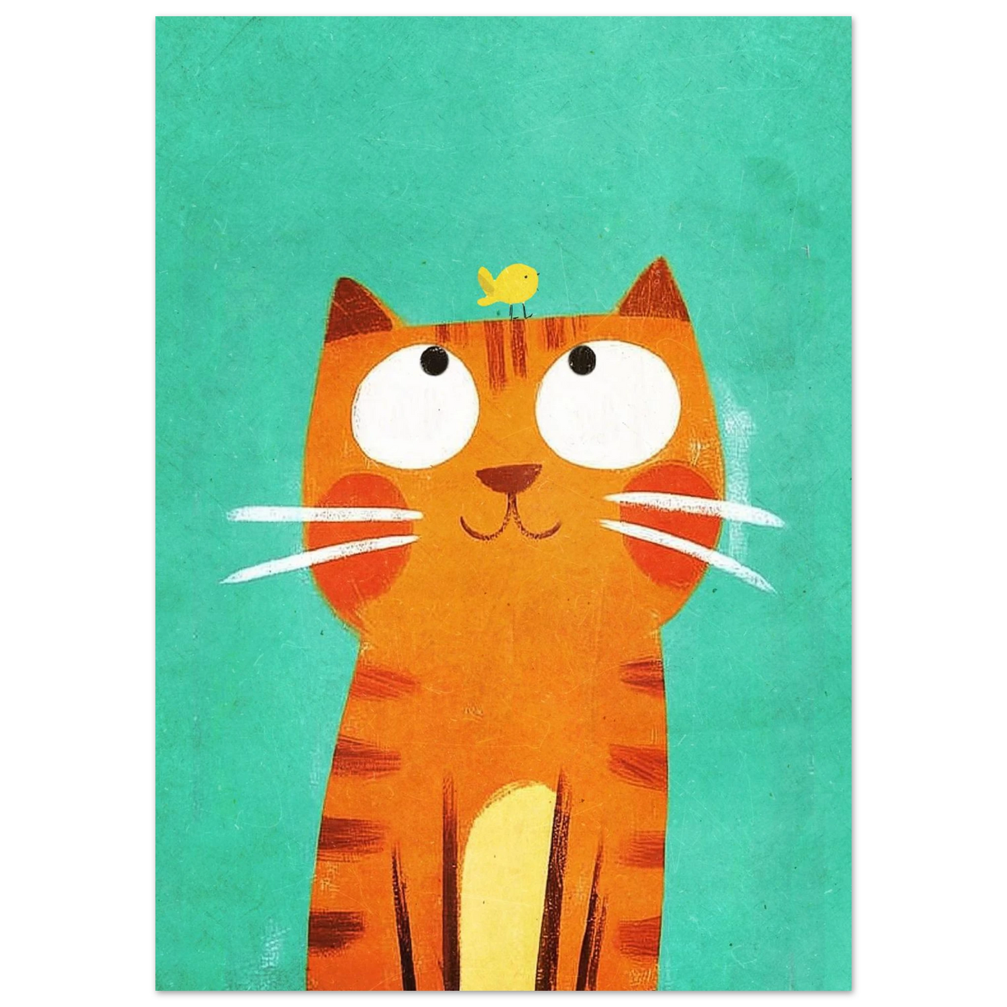 Närbild på illustrerad katt med stora ögon och fågelvän