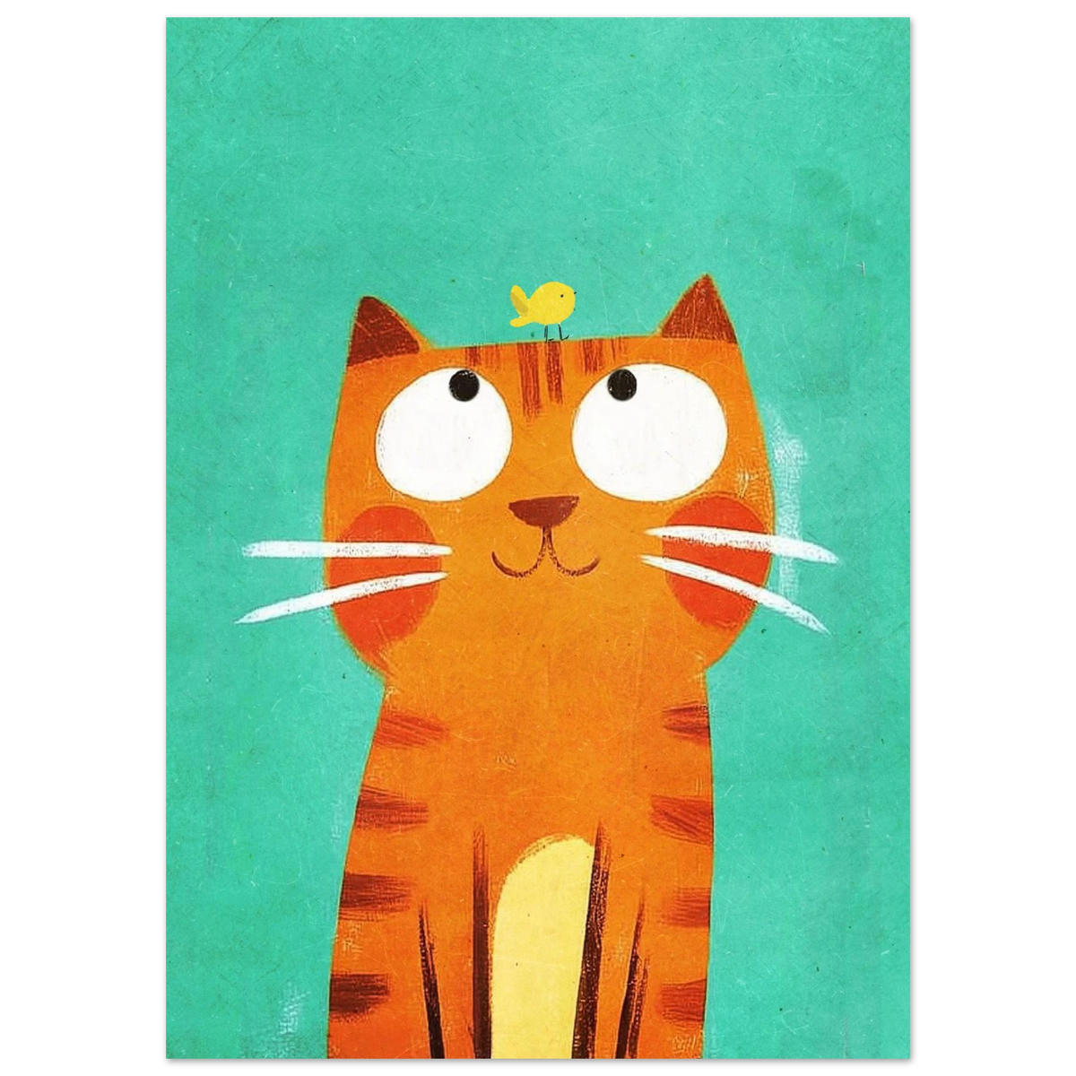 Närbild på illustrerad katt med stora ögon och fågelvän