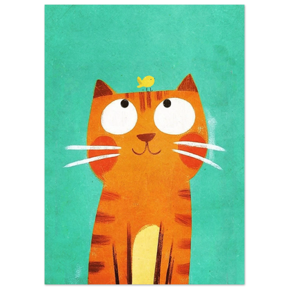Närbild på illustrerad katt med stora ögon och fågelvän
