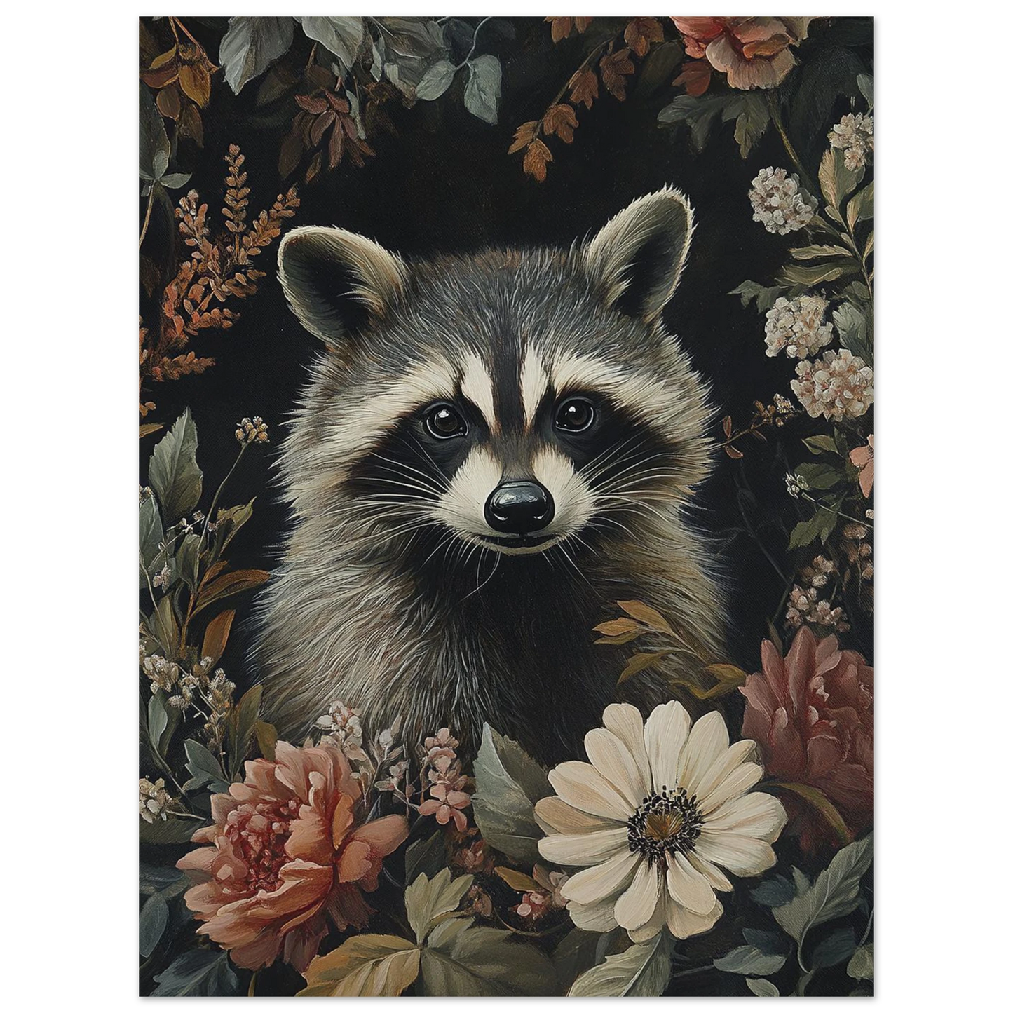 Detaljrik illustration av en tvättbjörn i en skuggig blomstergård – print