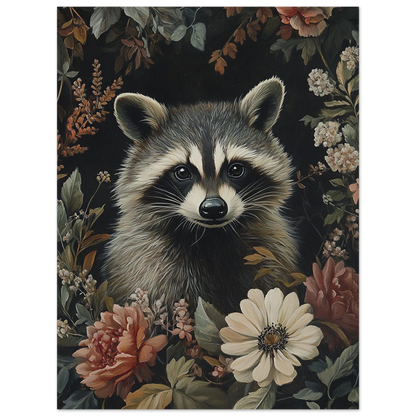 Detaljrik illustration av en tvättbjörn i en skuggig blomstergård – print